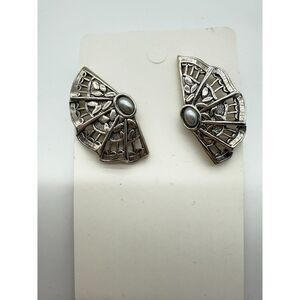 Vintage Fan Stud Earrings With Faux Pearl Silver Tone
